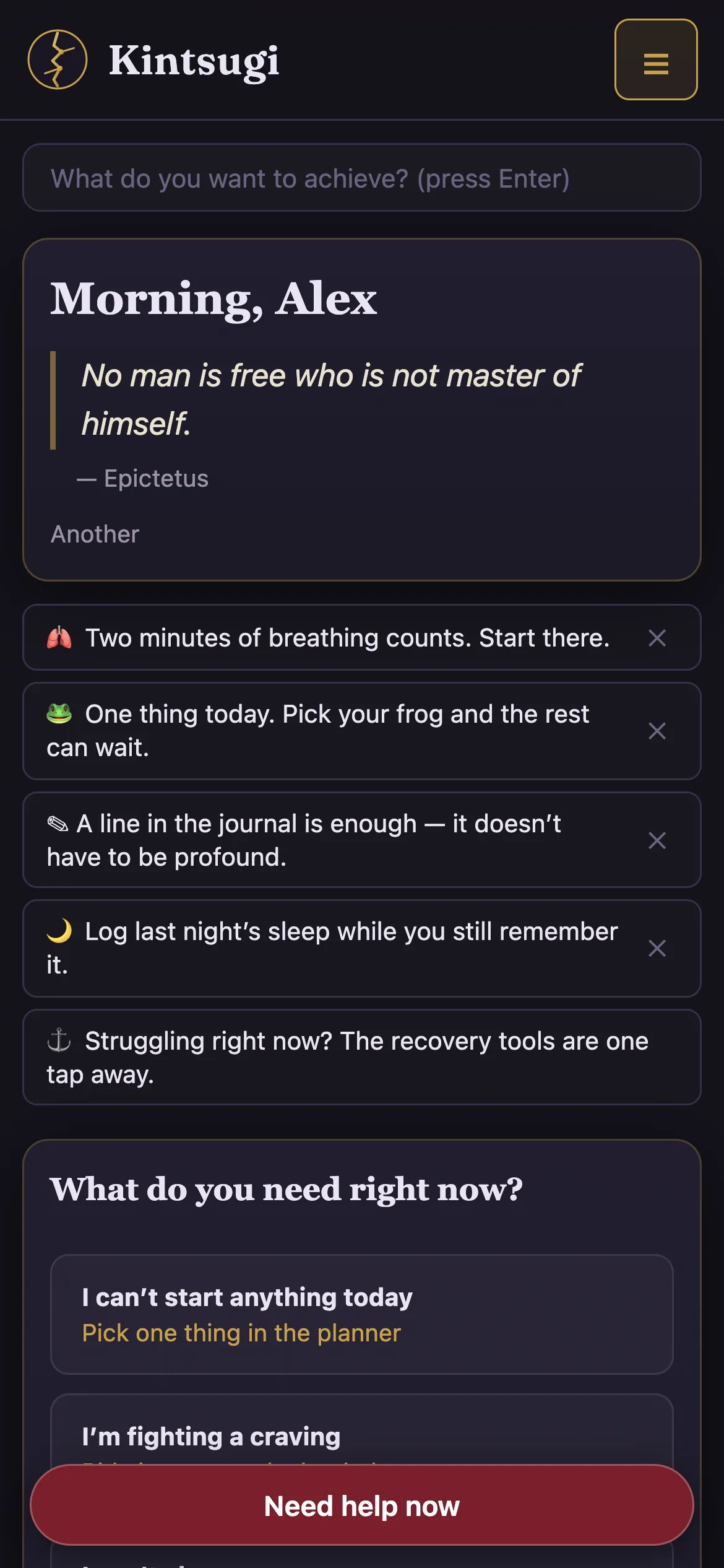 Kintsugi — a private wellbeing and recovery companion — mobile