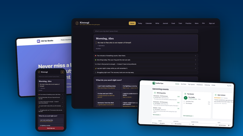 SAIS product showcase — the Kintsugi web app and mobile app, Fill Yer Books and GafferTips